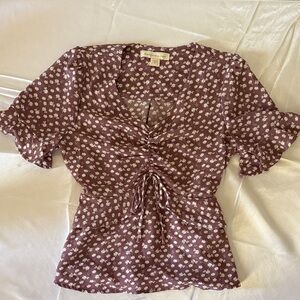 Monteau Los Angeles Mauve Floral Ruched Tie-Front Blouse